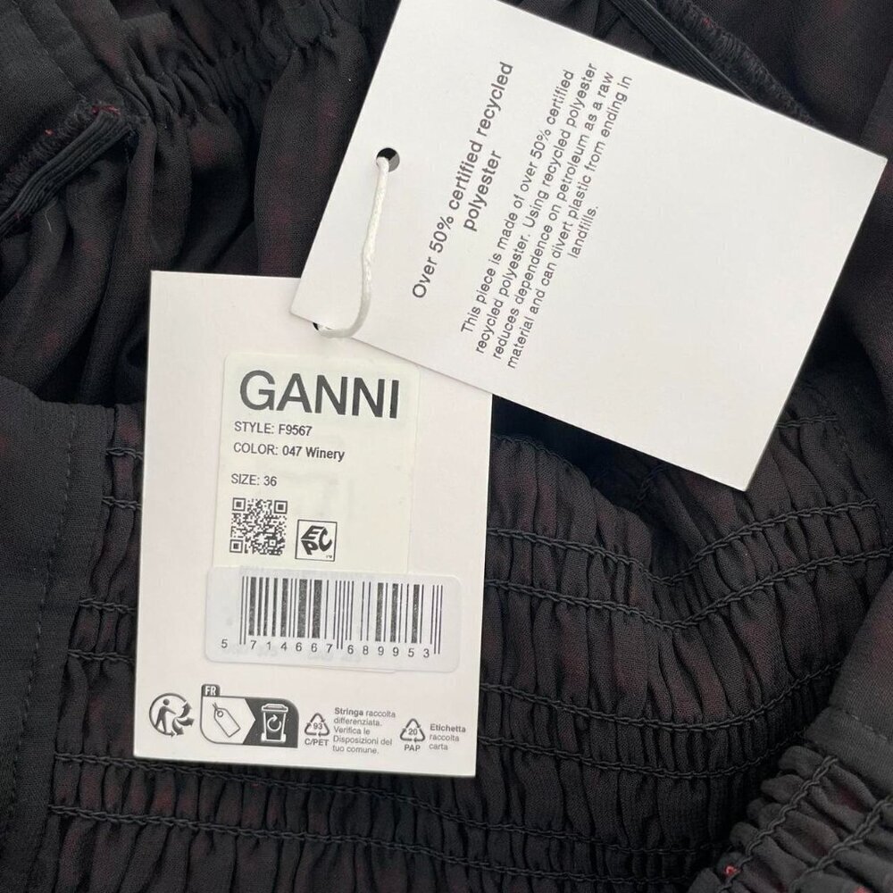 Ganni Sheer Fluid Check Midi Strap Smock Dress | Wine Red | Women’s Size Small - Picture 5 of 7